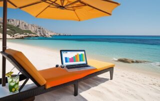 Laptop con grafico finanziario su una spiaggia estiva - pianificazione Q4 Nexure Consulting