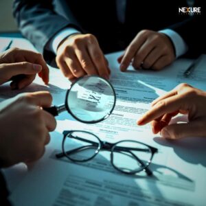 Lente di ingrandimento su documenti fiscali durante verifica di cessione crediti