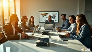 Team sorridente in riunione di lavoro collaborativa intorno a un tavolo