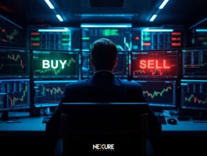 Manager davanti a schermi finanziari con segnali Buy e Sell, decisioni PMI su crediti fiscali 2025
