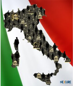 Mappa concettuale dell’Italia con connessioni tra banche, credito e imprese su sfondo tricolore, simbolo delle sfide e opportunità per le PMI nel 2025