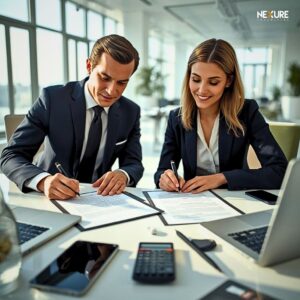 Due manager sorridenti firmano documenti aziendali, accordo di cessione crediti